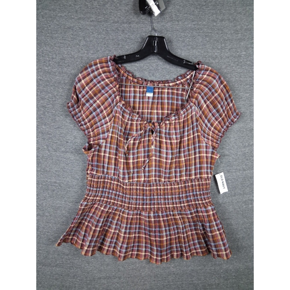 NEW Old Navy Womens Shirt L Brown Plaid Peasant Smocked Gauze Peplume Ren Fair